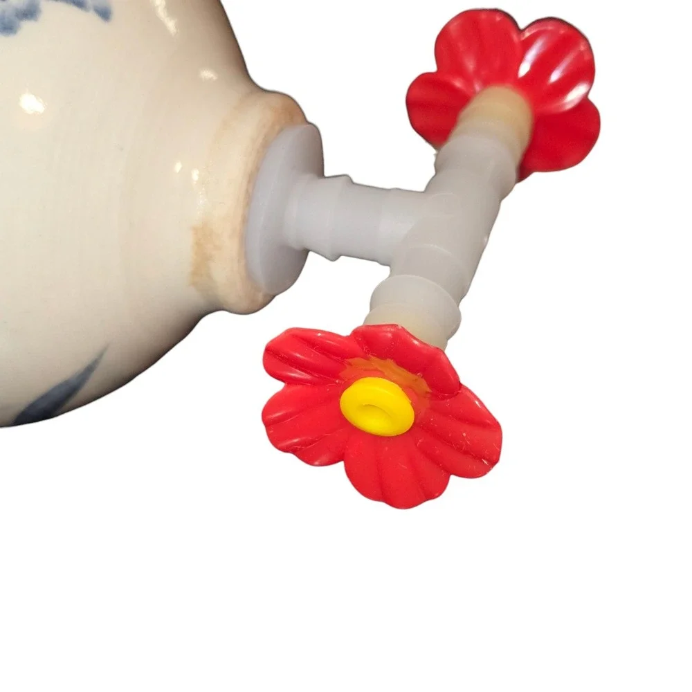 Handmade Hummingbird Feeder Blue Cream Floral Pottery Hanging Decor 8